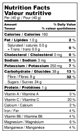 Organic dehydrated diced pears - Nutrition Facts